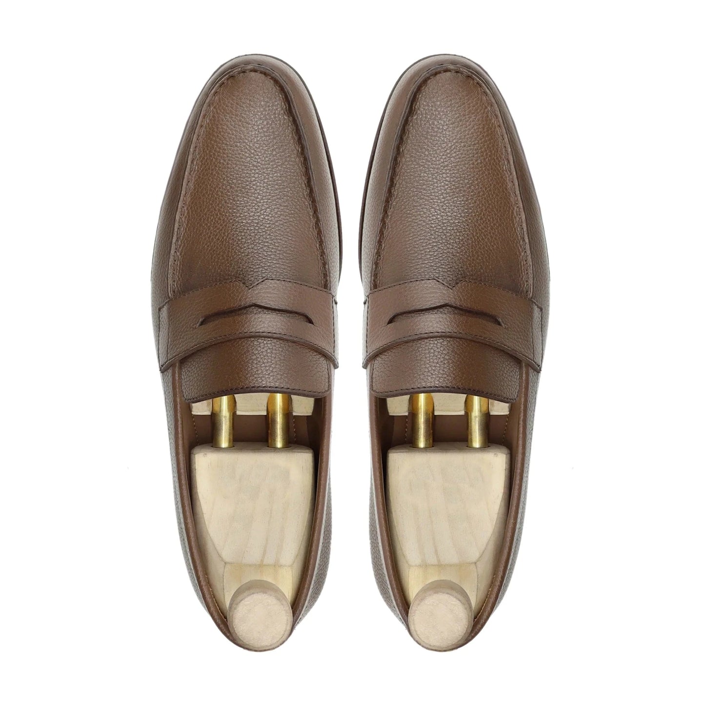 Noirtide Bespoke Brown Pebble Grain Leather Penny Loafers For Men