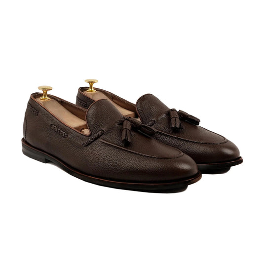 Noirtide Bespoke Dark Brown Pebble Grain Leather Tessell Loafer for Men
