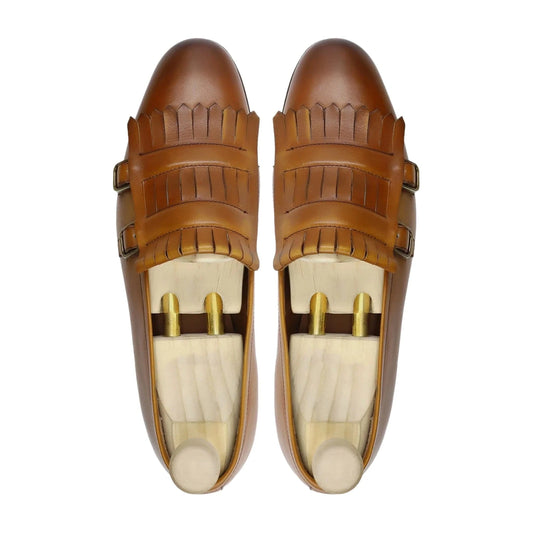 Noirtide Bespoke Men’s Tan Calf Leather Double Strap Loafer with Buckle Design