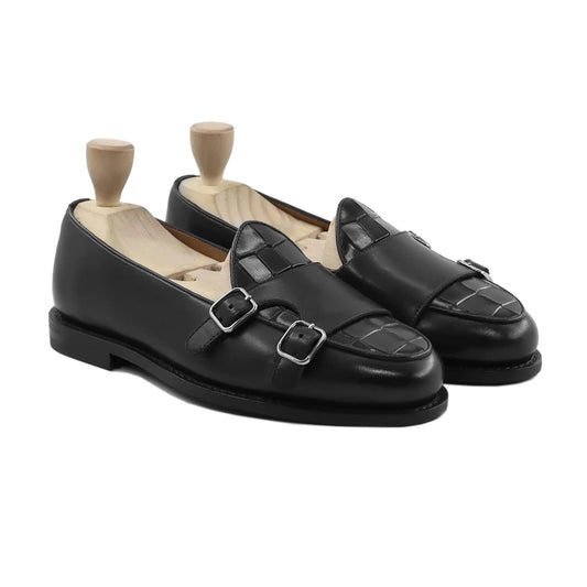 Noirtide Black Calf Leather Double Monkstrap Loafer for Men