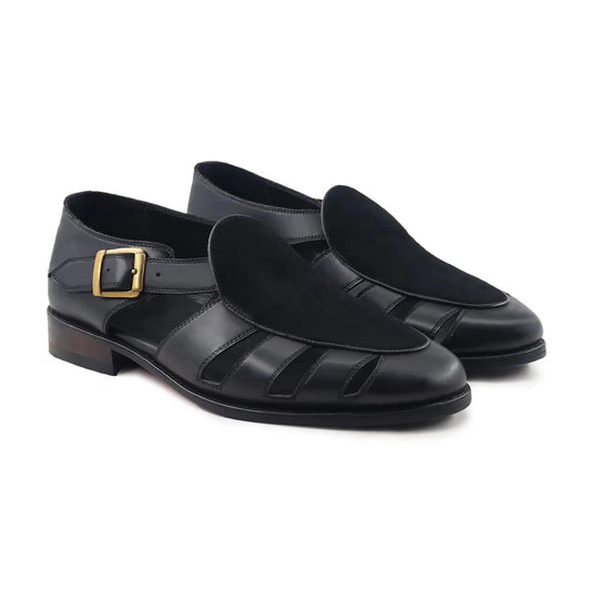 Noirtide Black Calf Leather & Suede Mens Sandal