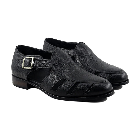 Noirtide Black Pebble Grain Leather Men’s Sandal
