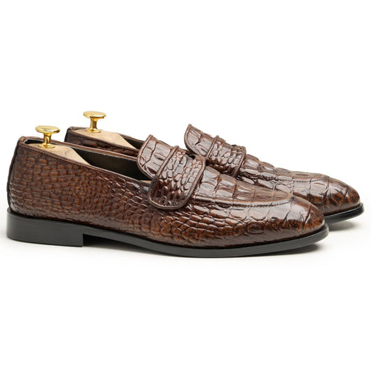 noirtide Hand-Made Custom Men's Dark Brown Crocodile Pattern Leather Loafer