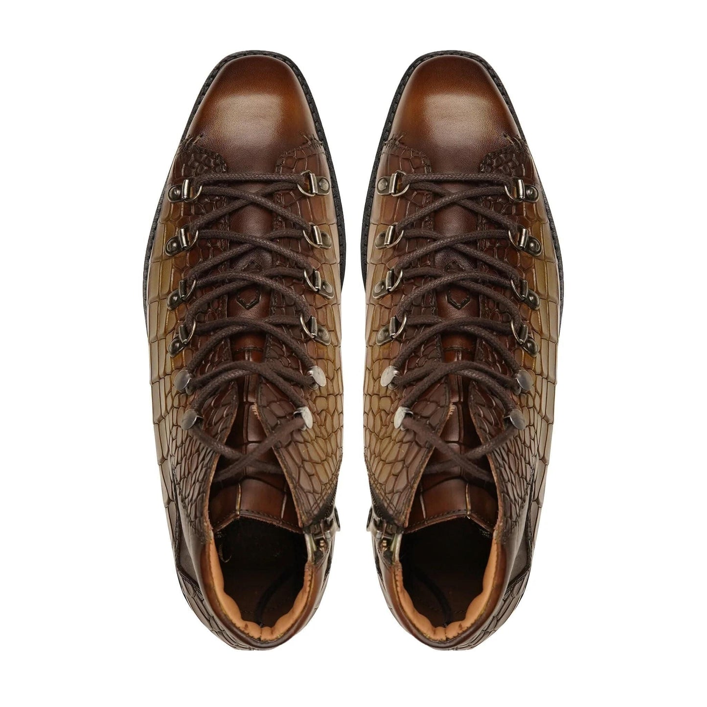 noirtide Handmade Custom Brown Crocodile Pattern Leather Laceup Boots For Men
