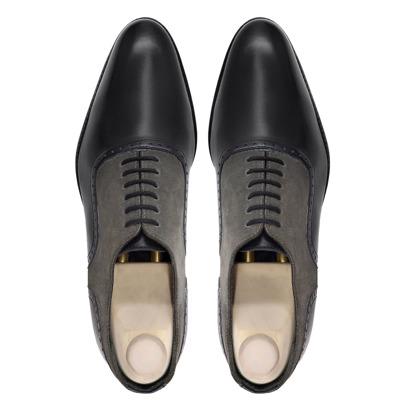 noirtide Handmade, Custom Men's Black Calf Leather Grey Kid Suede Oxford Shoe