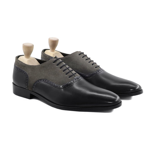 noirtide Handmade, Custom Men's Black Calf Leather Grey Kid Suede Oxford Shoe