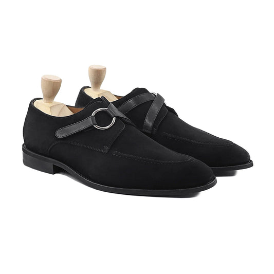 noirtide Handmade Custom Men's Black Kid Suede Single Monkstrap