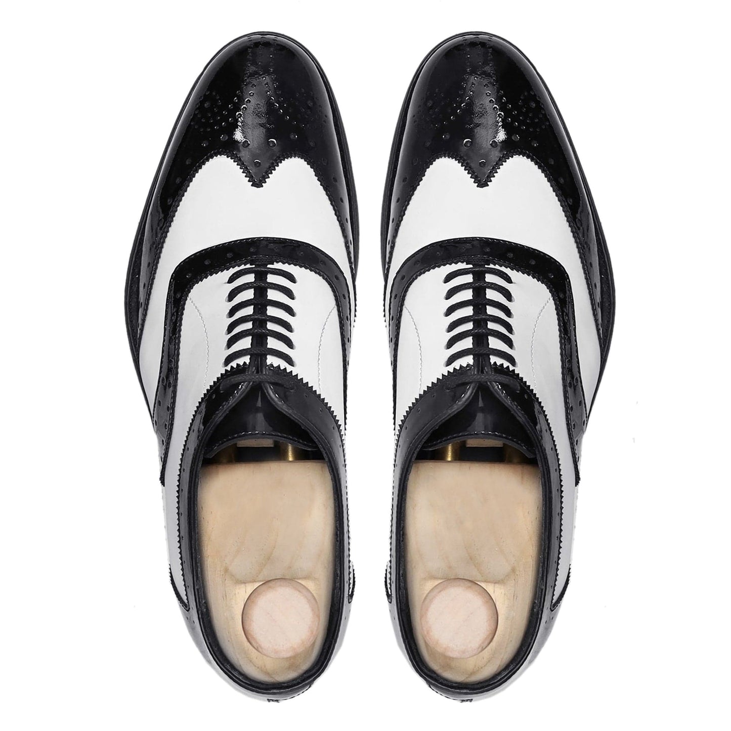 noirtide Men Shoes Handmade, Custom Men's Black Patent and White Box Leather High Shine Oxford Shoe