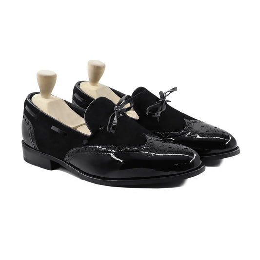 noirtide Handmade, Custom Men's Black Patent Leather and Kid Suede Loafer