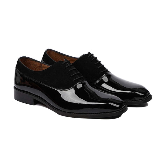 noirtide Men Shoes Handmade, Custom Men's Black Patent Leather and Kid Suede Oxford Shoe