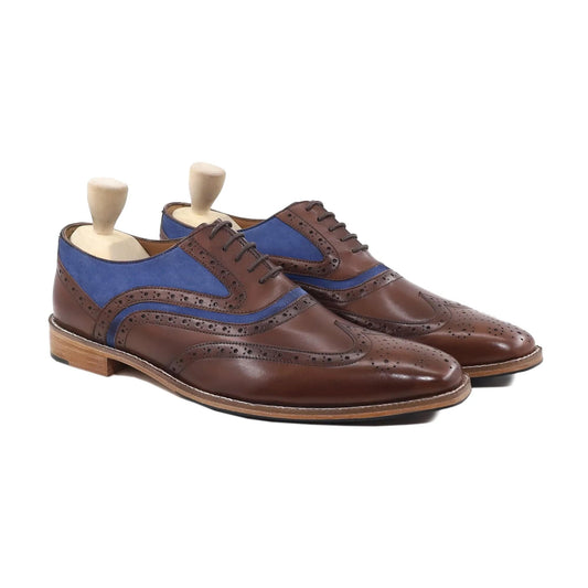 noirtide Handmade, Custom Men's Blue Kid Suede and Brown Calf Leather Oxford Shoe
