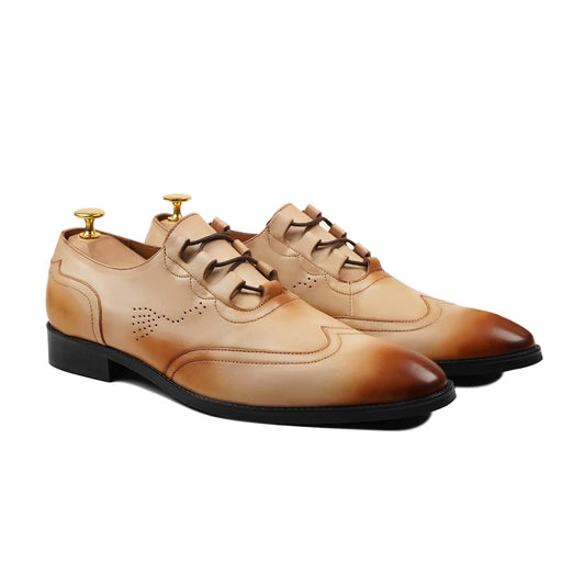 noirtide Handmade, Custom Men's Burnished Beige Calf Leather Oxford Shoe