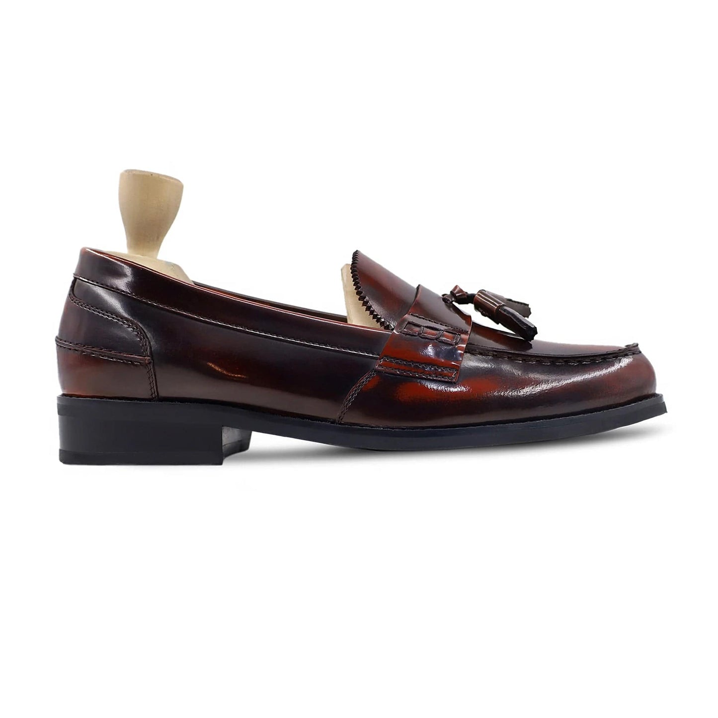 noirtide Handmade, Custom Men's Burnished Brown Box Leather High Shine Loafer