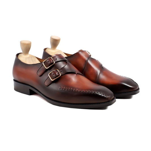 noirtide Handmade Custom Men's Burnished Brown Patina Double Monkstrap