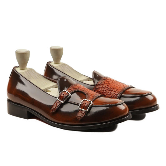 noirtide Handmade Custom Men's Burnished Tan Box Leather High Shine Double Monkstrap