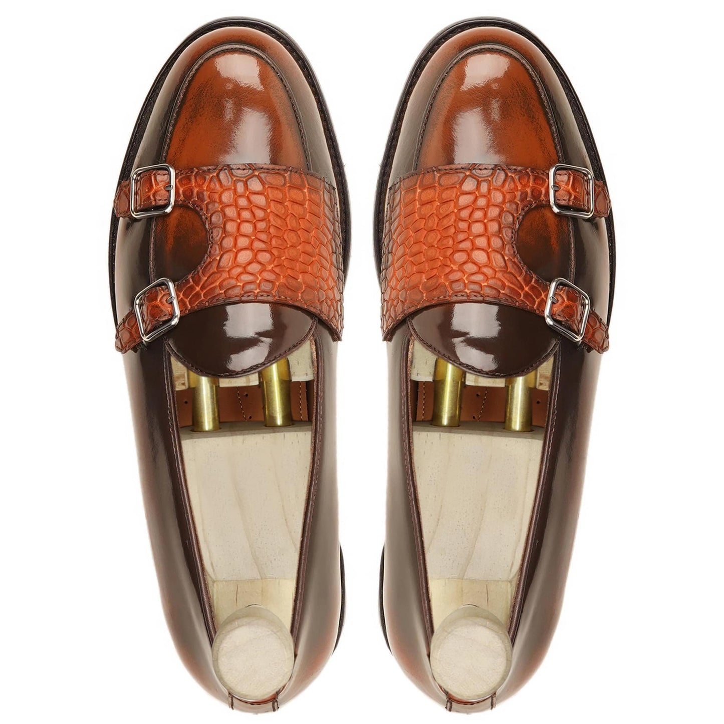 noirtide Handmade Custom Men's Burnished Tan Box Leather High Shine Double Monkstrap