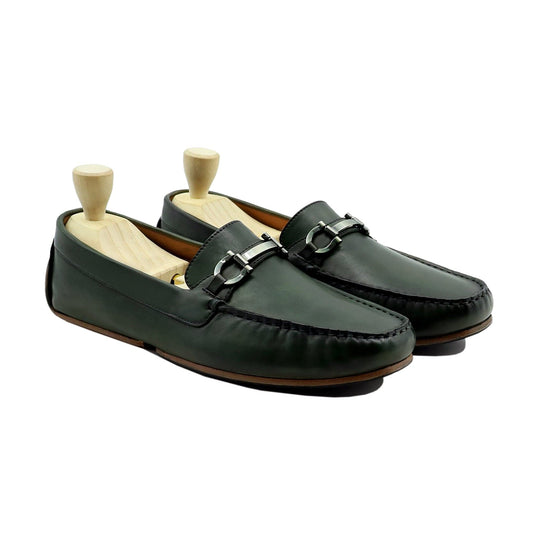 noirtide Handmade, Custom Men's Green Calf Leather Loafer Shoe