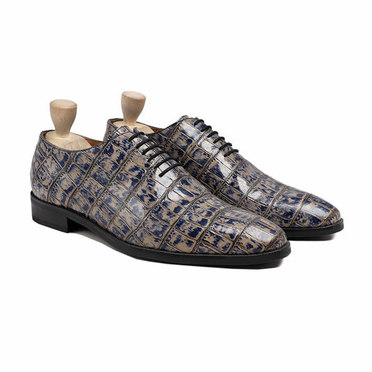 noirtide Handmade, Custom Men's Grey and Blue Calf Leather Wholecut Shoe