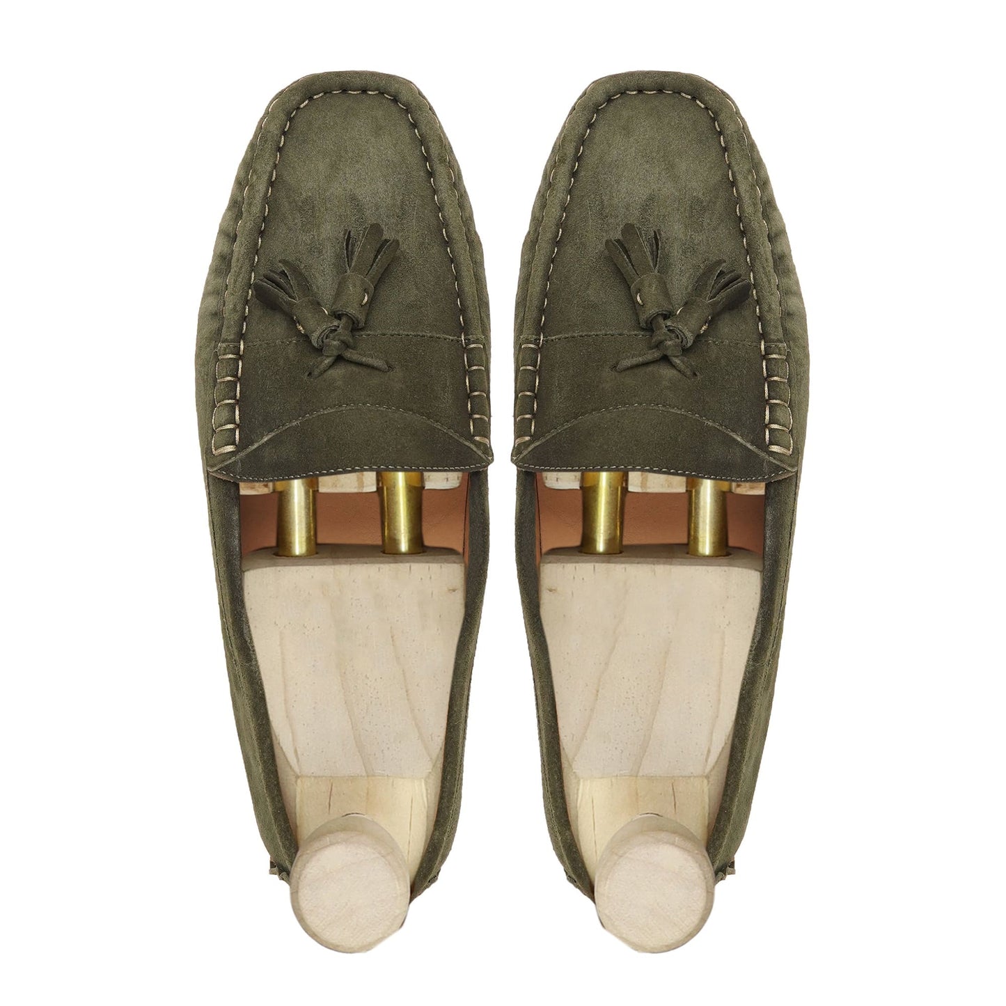 noirtide Handmade, Custom Men's Olive Green Kid Suede Loafer Shoe