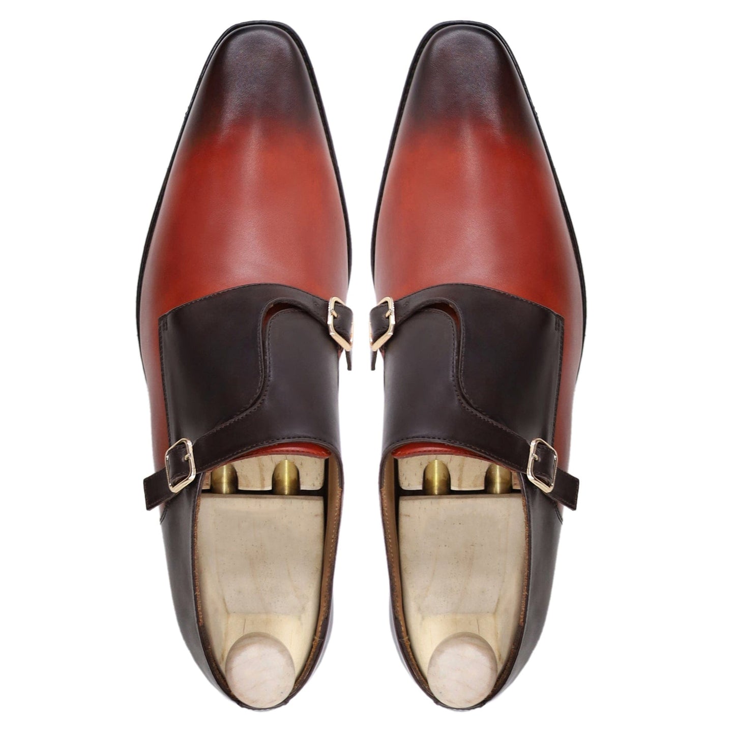 noirtide Handmade Custom Men's Orange Tan and Dark Brown Calf Leather Double Monkstrap