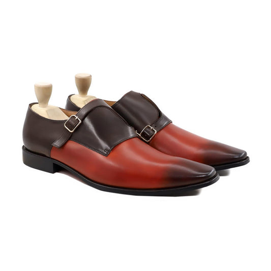 noirtide Handmade Custom Men's Orange Tan and Dark Brown Calf Leather Double Monkstrap