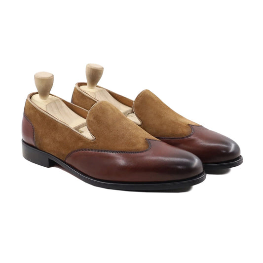 noirtide Men Loafers Handmade, Custom Men's Oxblood Calf and Camel Kid Suede Loafer