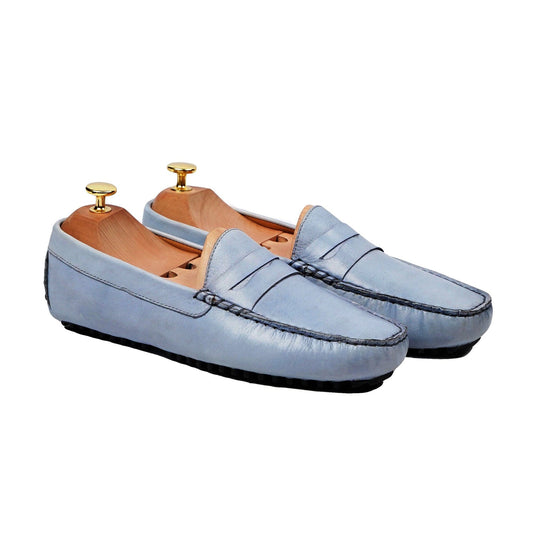 noirtide Handmade, Custom Men's Sky Blue Calf Leather Loafer Shoe