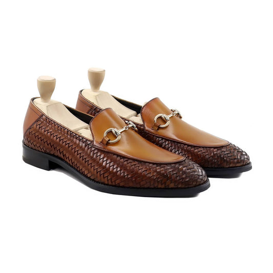noirtide Men Loafers Handmade, Custom Men's Tan Brown Calf and Hand Woven Calf Leather Loafer