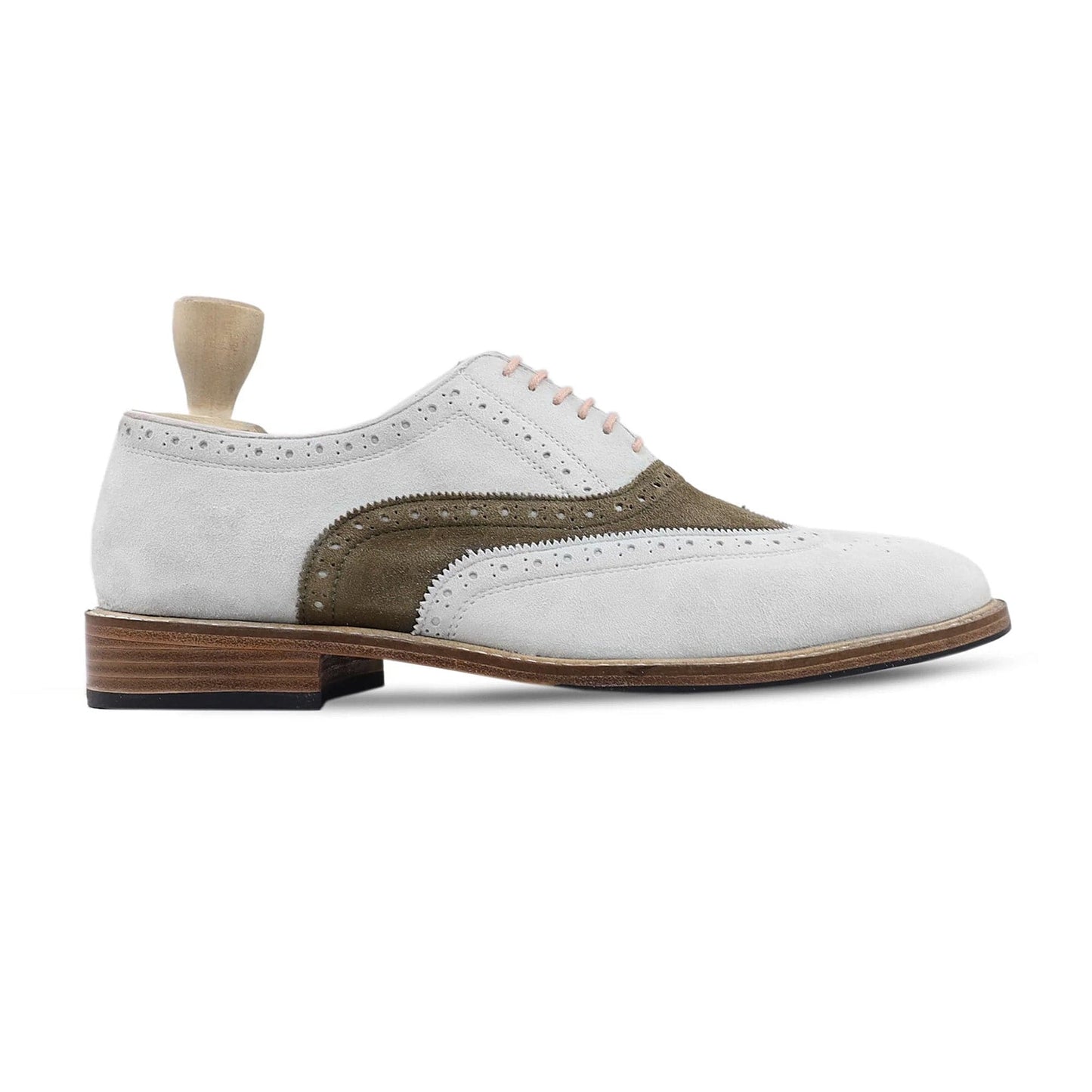 noirtide Men Shoes US 4.5 / Leather Handmade, Custom Men's White and Brown Kid Suede Oxford Shoe