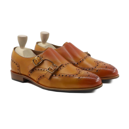 noirtide Handmade Custom Men Tan Yellow Leather Double Monkstrap Shoes