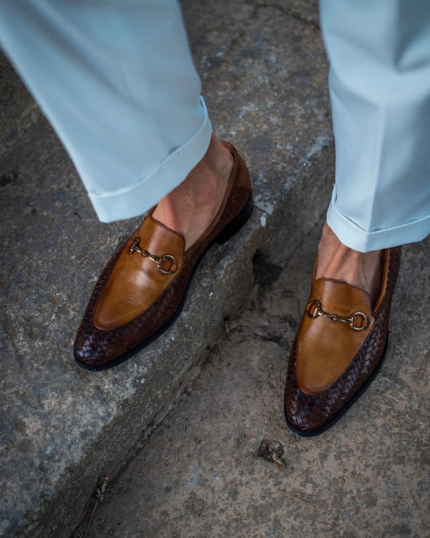 noirtide Handmade Custom Tan Brown and Hand Woven Calf Leather Mens Loafers