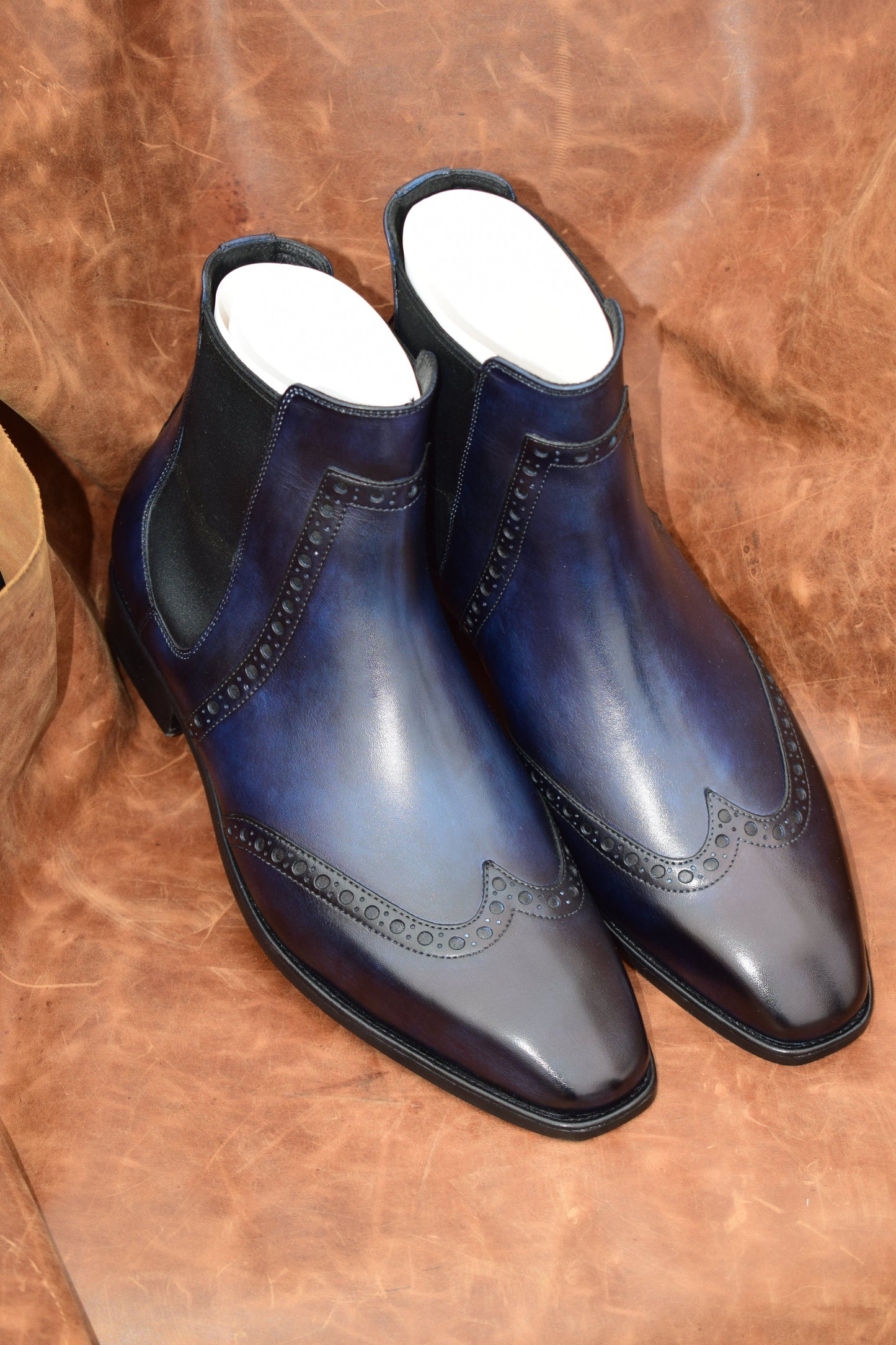 noirtide Handmade Customisable Blue Navy Leather Tepekoy Chelsea Boots For Men