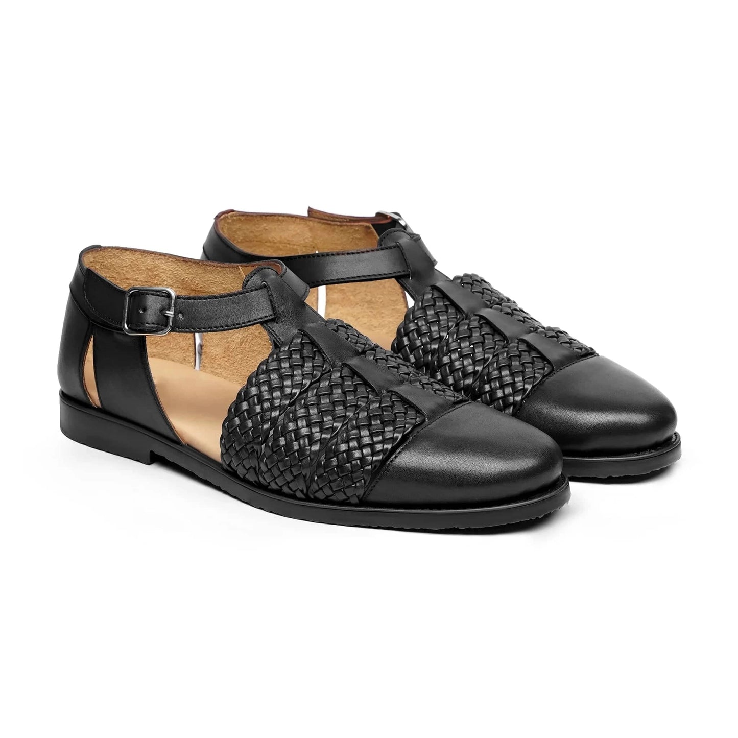 Noirtide Mens Black Hand Woven Leather Sandal