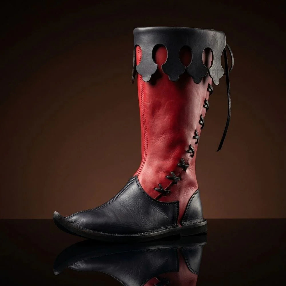 Black and red two-tone genuine leather dagged cuff medieval boots — poulaine pointed toe, decorative cutwork — Noirtide