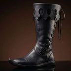 Black genuine leather dagged cuff medieval Viking boots — poulaine pointed toe, cutwork scalloped cuff — Noirtide