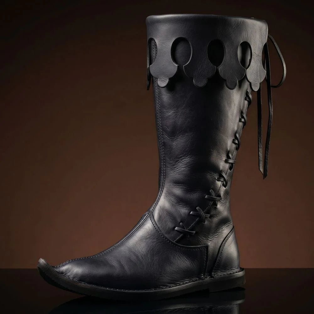 Black genuine leather dagged cuff medieval Viking boots — poulaine pointed toe, cutwork scalloped cuff — Noirtide
