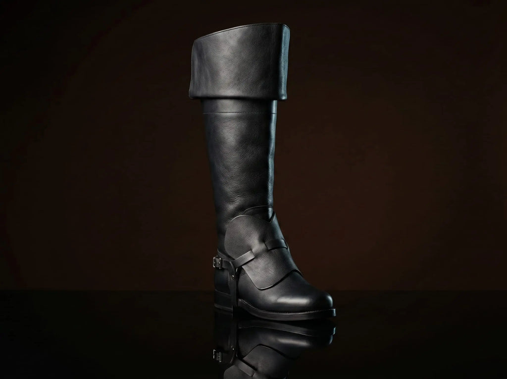 Black genuine leather musketeer boots — bespoke 17th century bucket-top cavalier footwear by Noirtide