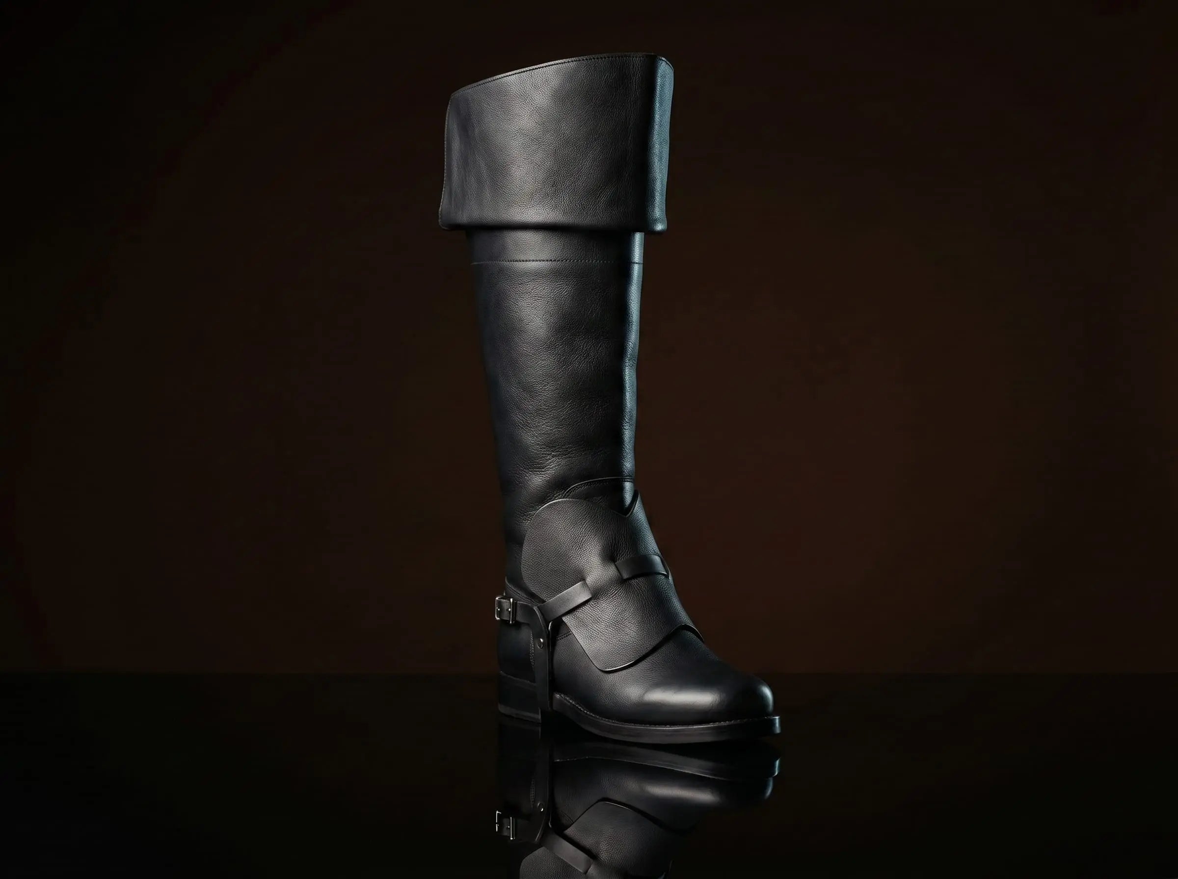 Black genuine leather musketeer boots — bespoke 17th century bucket-top cavalier footwear by Noirtide