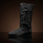 Black suede genuine leather dual strap Renaissance pull-on boots — bespoke medieval LARP footwear by Noirtide