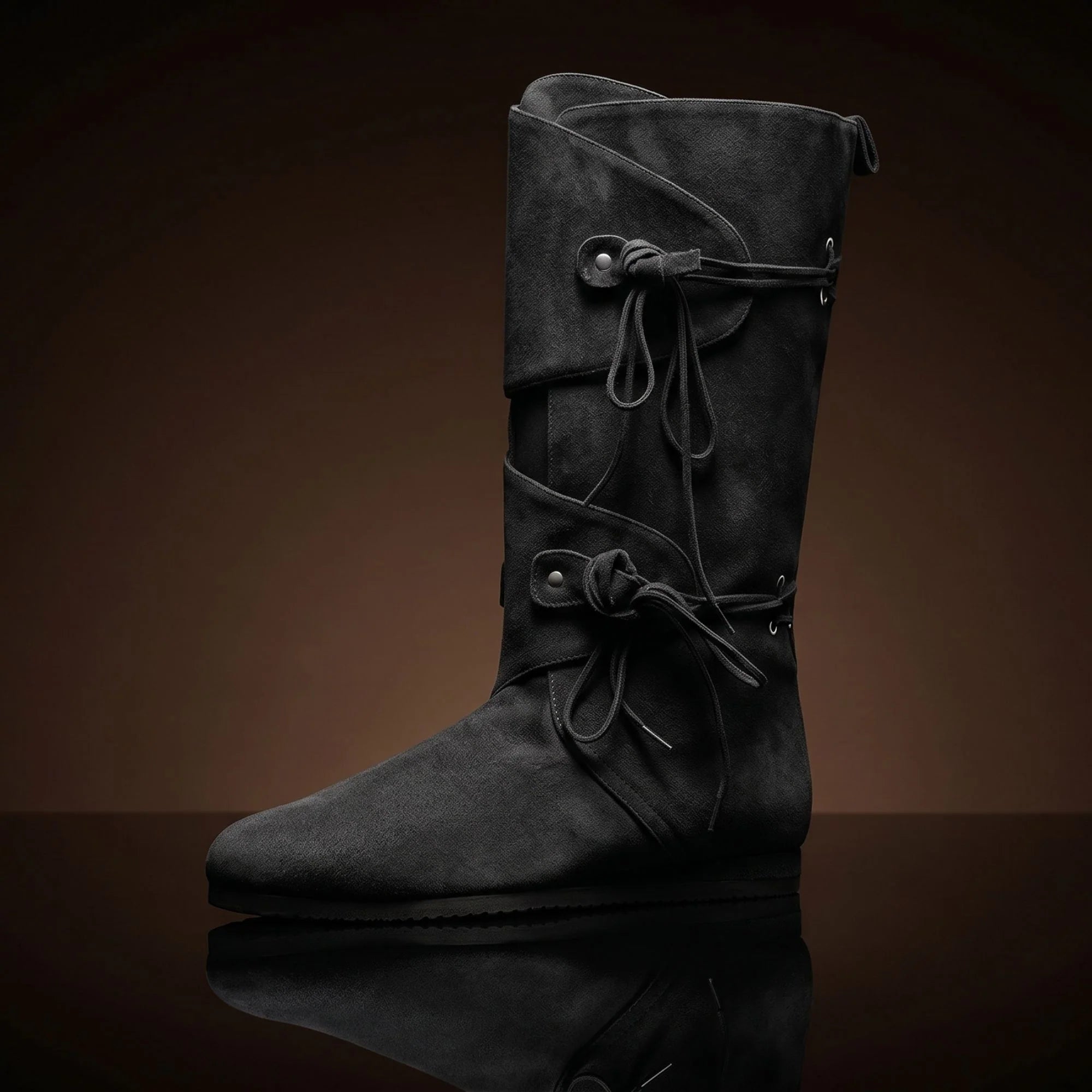 Black suede genuine leather dual strap Renaissance pull-on boots — bespoke medieval LARP footwear by Noirtide