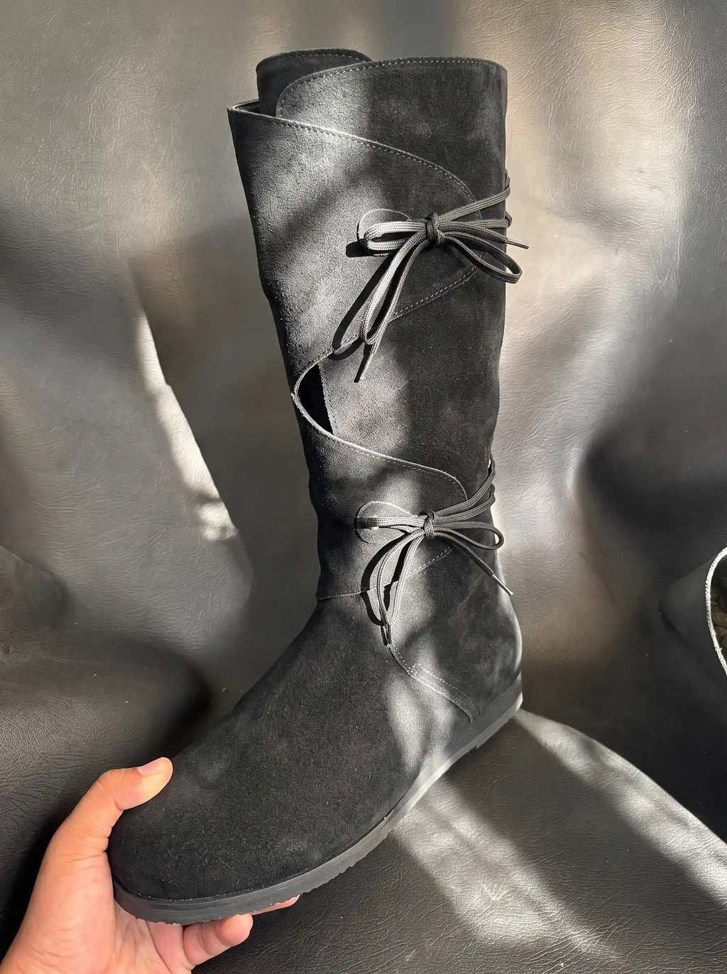 Black suede genuine leather dual strap Renaissance pull-on boots — bespoke medieval LARP footwear by Noirtide