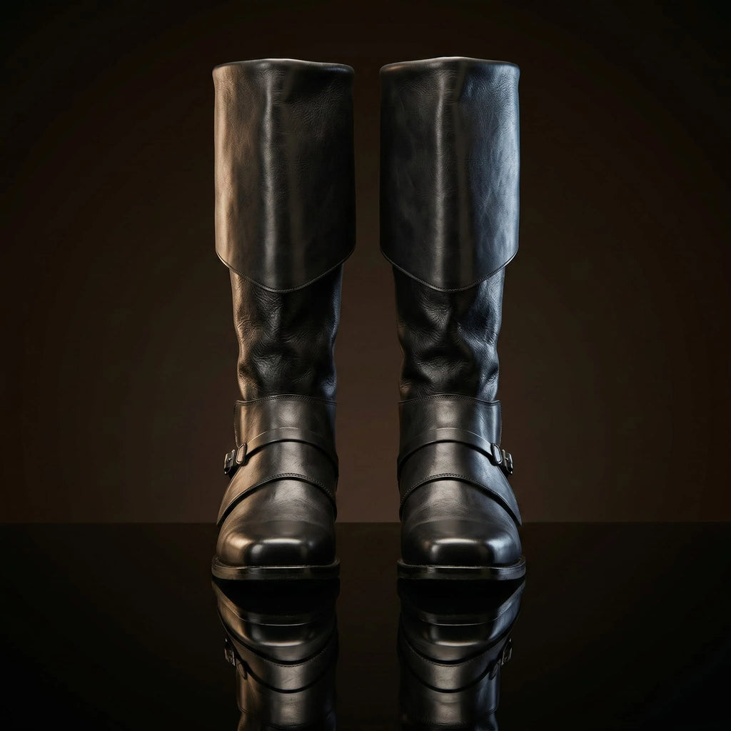 Pair of black handcrafted genuine leather pirate boots — knee-high, fold-over cuff, any size — Noirtide