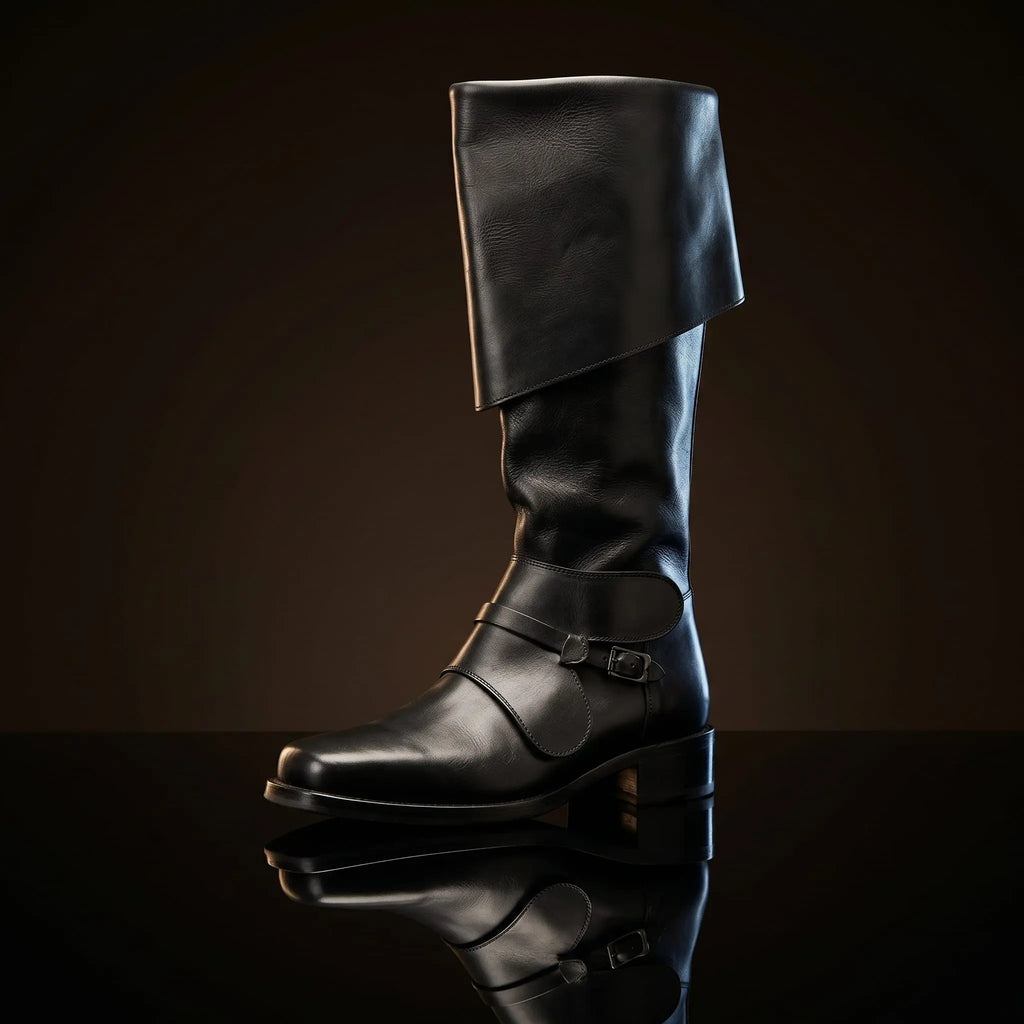 Black genuine leather swashbuckler pirate boots — bespoke knee-high buccaneer footwear by Noirtide