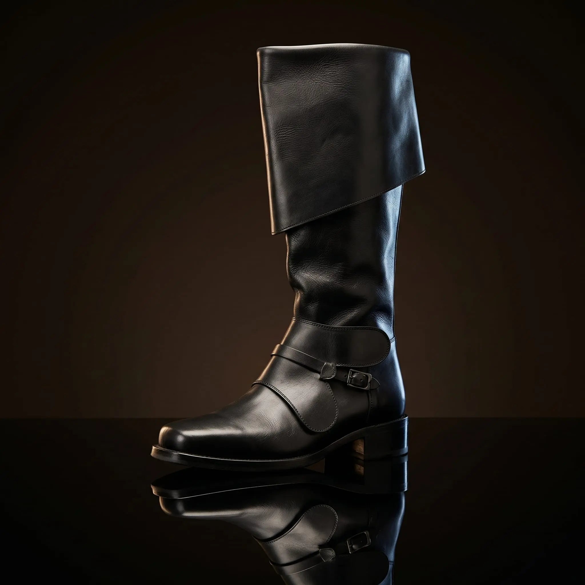 Black genuine leather swashbuckler pirate boots — bespoke knee-high buccaneer footwear by Noirtide