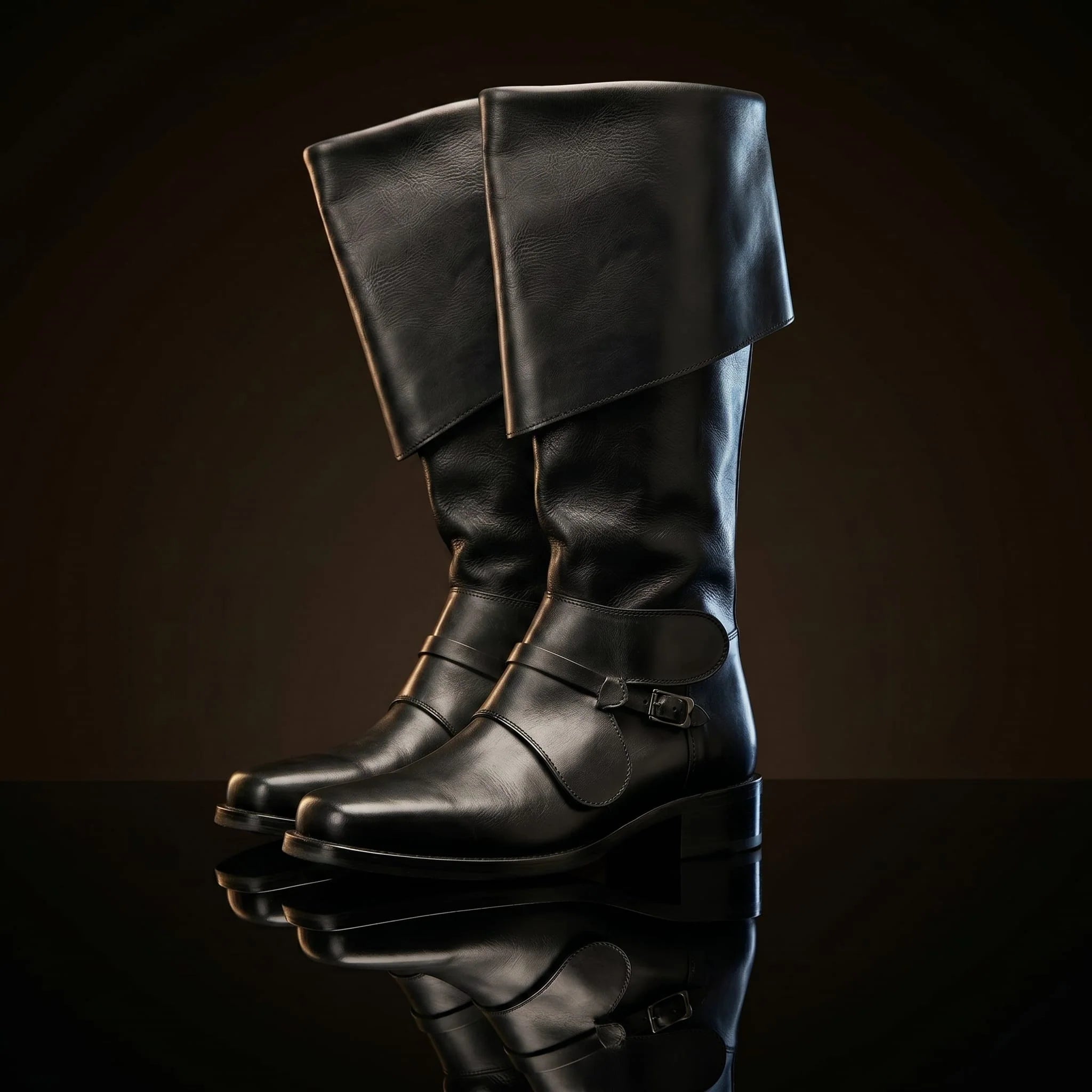 Side view of black leather swashbuckler boot — knee-high shaft, fold-over cuff silhouette — Noirtide bespoke pirate boots