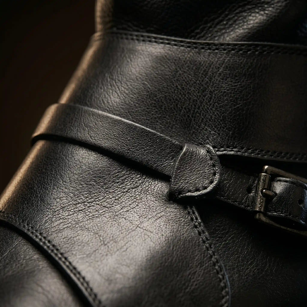 Close-up of fold-over cuff on black Noirtide pirate boot — 17-inch shaft, genuine leather, made to order