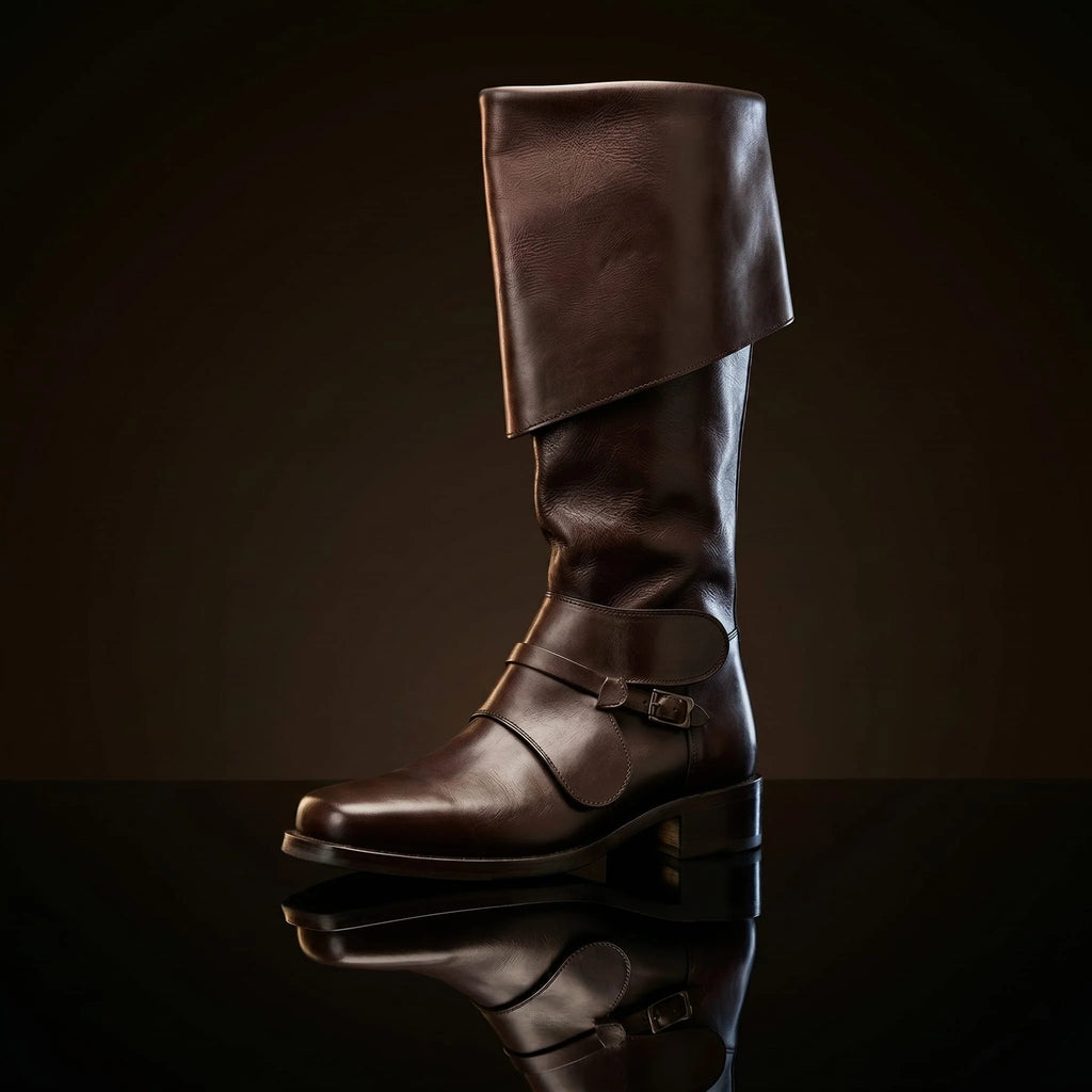 Brown genuine leather swashbuckler buccaneer boots — bespoke knee-high pirate footwear by Noirtide