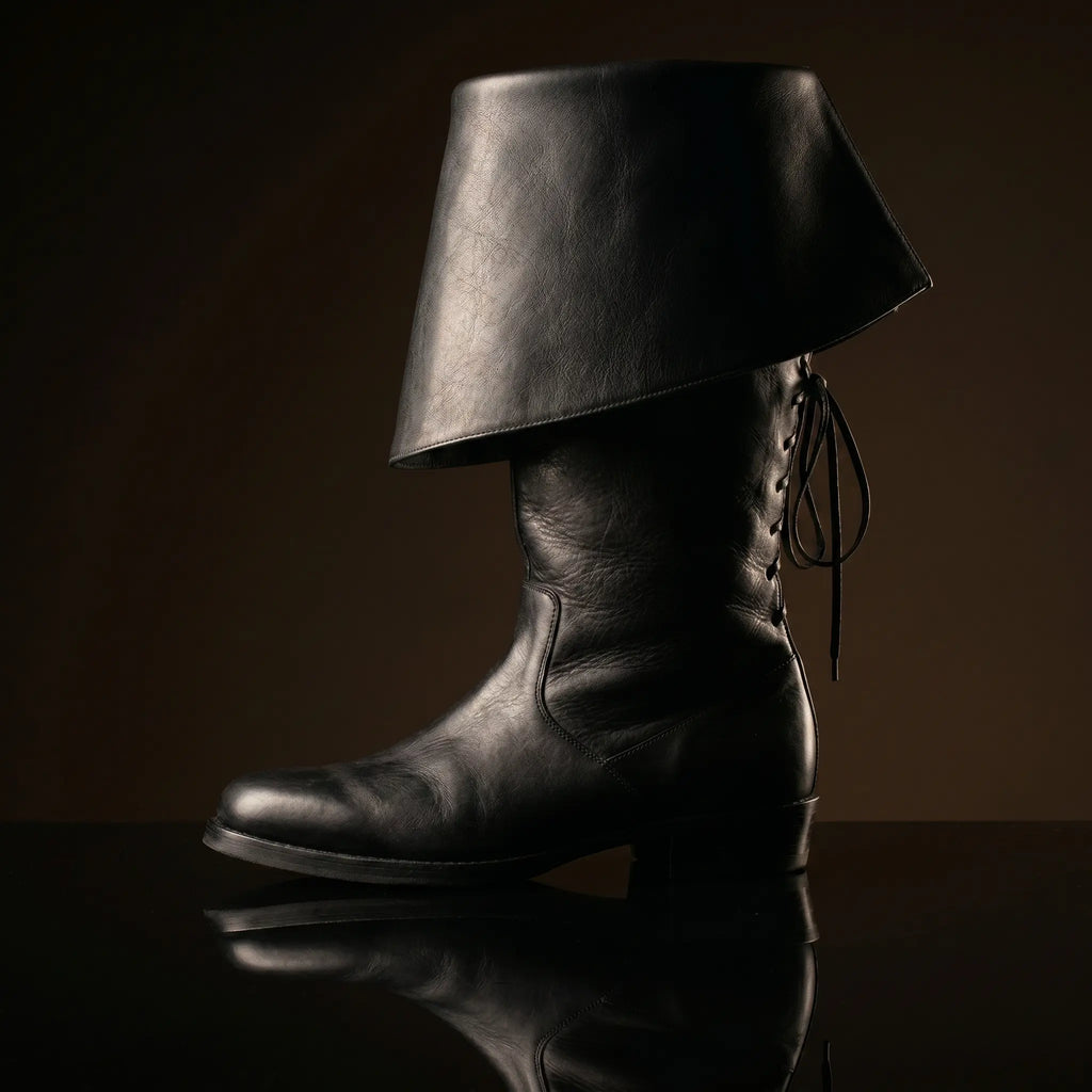 Black genuine leather Captain Barbossa pirate boots — bespoke knee-high POTC cosplay boots by Noirtide