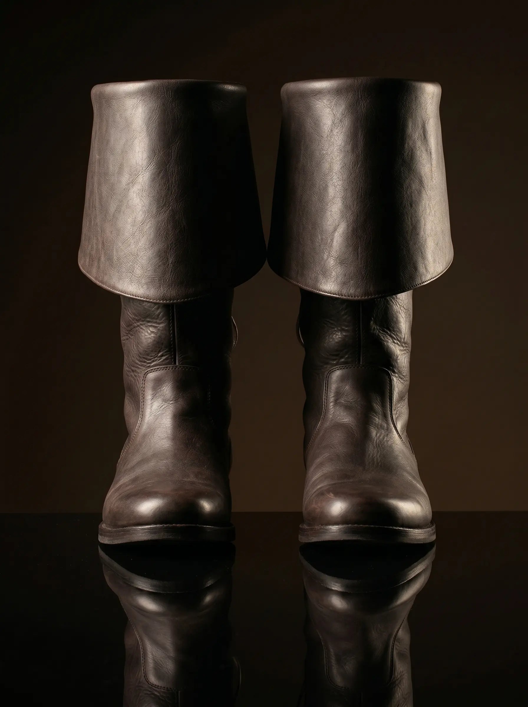 Pair of brown handcrafted Captain Barbossa pirate boots — genuine leather knee-high, made to order — Noirtide