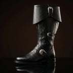 Black genuine leather Caribbean pirate boots — bespoke buckle strap pirate footwear by Noirtide